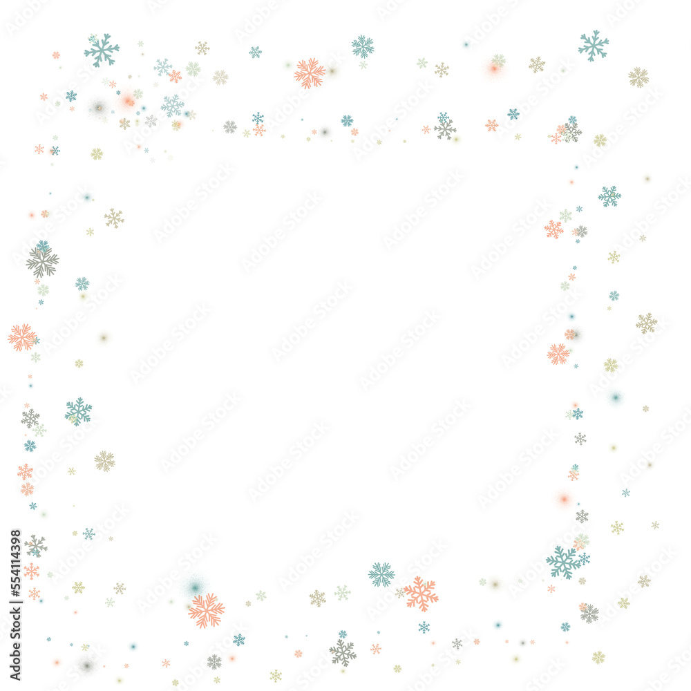 Snow background, square frame of a scattering of colorful snowflakes on a transparent background. PNG Snow background, square frame of a scattering of colorful snowflakes on a transparent background. PNG