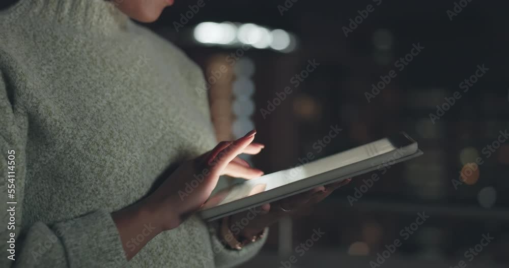 Business woman, hand and typing with tablet and working at night, digital report and technology for coding. Overtime, working to fix software, glitch with information technology, code and workplace.