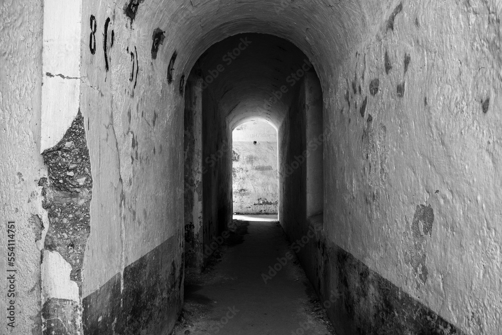 Inside Austrian fortress Landro in the Dolomite Alps of South Tirol, an architectural remain of the border disputes between Austria and Italy