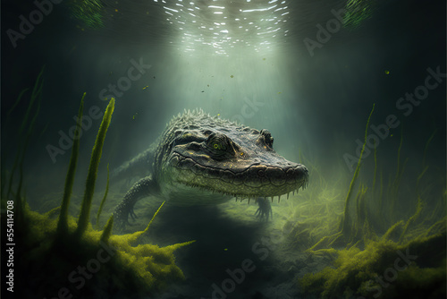 underwater, terrible alligator in the swamp,