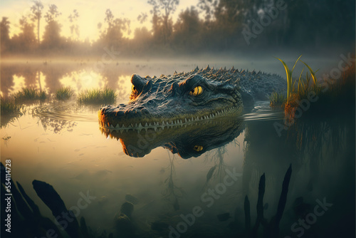 Fotografia half submerse terrible alligator in the swamp,