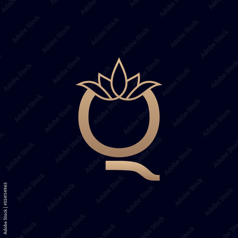 gold brand logo design with lotus flower letter Q gold brand logo design with lotus flower letter Q