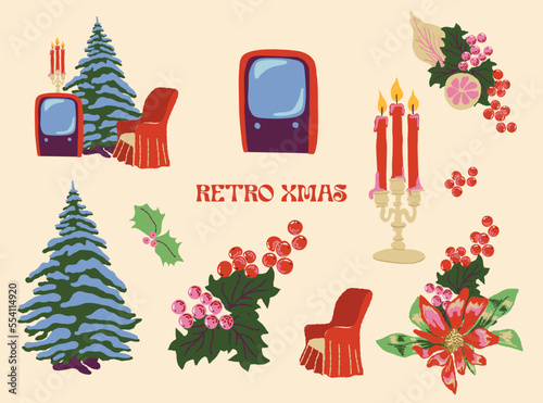 Vector Retro Christmas Poinsettia Berries Citrus Toys Xmas Greetings Greenery Holly Postcard Poster Candles Cosiness Christmas Party TV Armchair