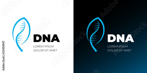 DNA spiral molecule in blue leaf logo design. Medicine gene helix structure logotype concept. Genetic molecular plant. Green energy or biotechnology business brand identity creative vector template