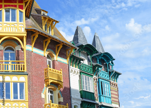 Typical colorful Belle Epoque houses in Art Nouveau style in the Quartier Balneair in Mers-les-Bains on the French coast in the Somme department on a summer afternoon