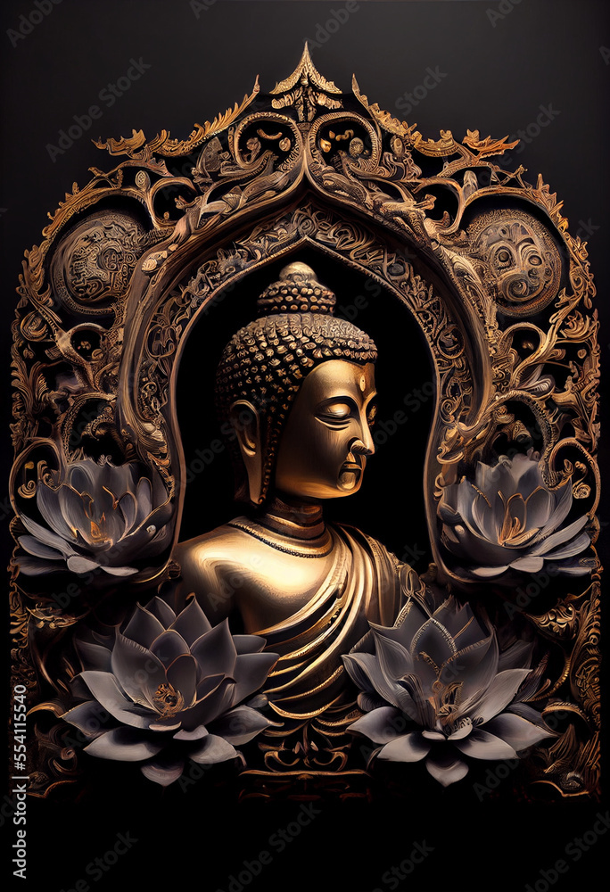 Fototapeta premium Statue of Siddhartha Gautama the Buddha in Black and Gold Metal. Generative ai