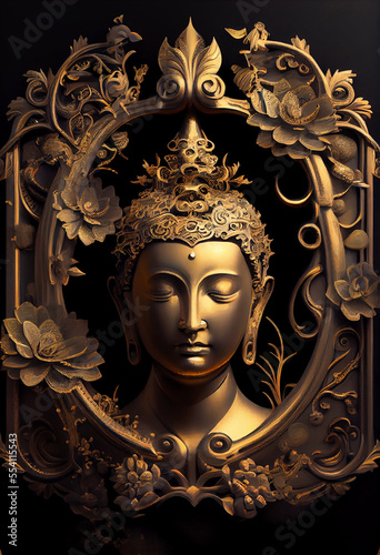 Statue of Siddhartha Gautama the Buddha in Black and Gold Metal. Generative ai