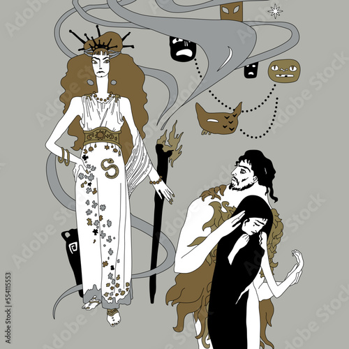 Medea, Jason and sorceress Circe. Ancient Greek mythology. Hand drawn fine art. On gray background. photo