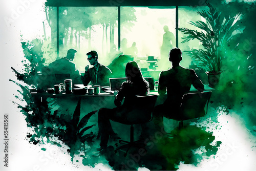 silhouettes of a group of people in an abstract modern interior biophilic courtyard design, generative ai illustration in a green palette with home plants, outside trees landscape 