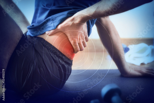 Representation of pain in the lumbar in red on blue photo
