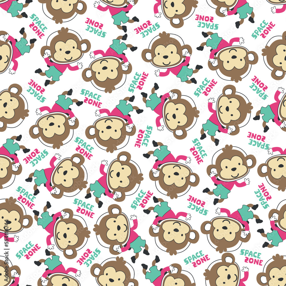 Vector illustration of cute cartoon astronauts little monkey in space, Can be used for t-shirt print, Creative vector childish background for fabric textile, nursery wallpaper and other decoration. Vector illustration of cute cartoon astronauts little monkey in space, Can be used for t-shirt print, Creative vector childish background for fabric textile, nursery wallpaper and other decoration.