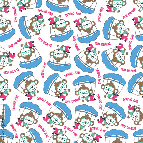 Seamless vector pattern with cute little monkey skydiver, Design concept for kids textile print, nursery wallpaper, wrapping paper. Cute funny background.