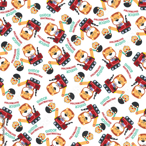 Seamless pattern of Cute little lion on excavator. Can be used for t-shirt print, kids wear fashion design, print for t-shirts, baby clothes, poster. and other decoration.