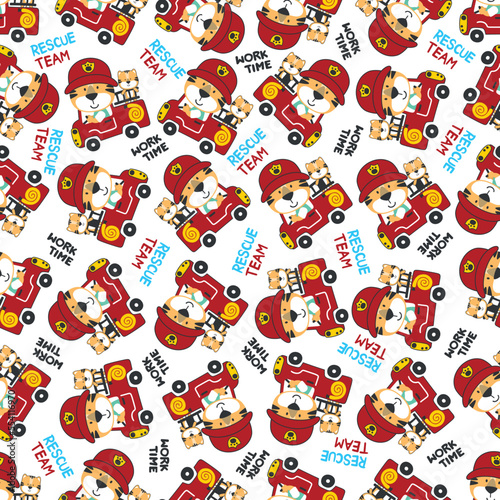 Seamless pattern of fire fighter car with tiger fire fighter animal cartoon. Creative vector childish background for fabric, textile, nursery wallpaper, card, poster and other decoration.