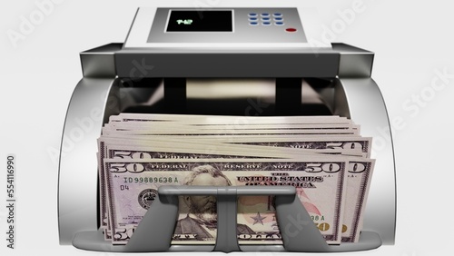 50 US dollar in cash dispenser. Withdrawal of cash from an ATM. Financial transaction in the bank terminal. USD. photo