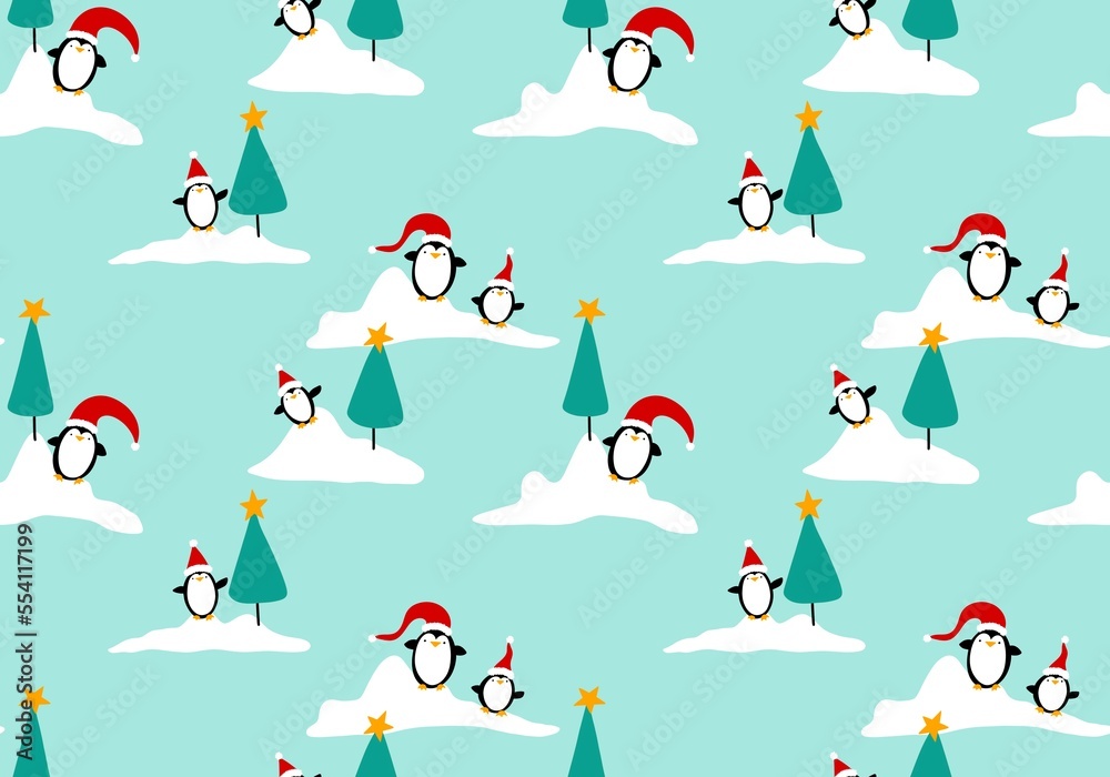 Fototapeta premium Cartoon winter Christmas seamless penguin pattern for wrapping paper and kids clothes print and fabrics