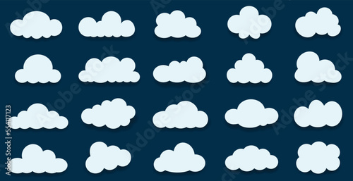 Set of vector cartoon clouds on a blue background. Set of sky. Symbol or logo cloud