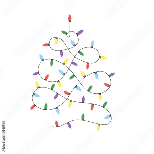 Garland in Christmas tree shape. Multicolored Christmas lights on white background. Xmas garland.
