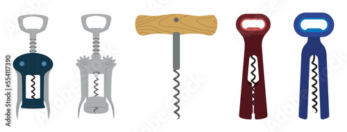 Set of corkscrews in a flat style. Vector illustration of different types of wine bottle openers isolated on white background.