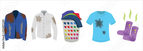 Set of dirty clothes in cartoon style. Vector illustration of dirty, unwashed shirts, t-shirts, socks and baskets with clothes isolated on white background.