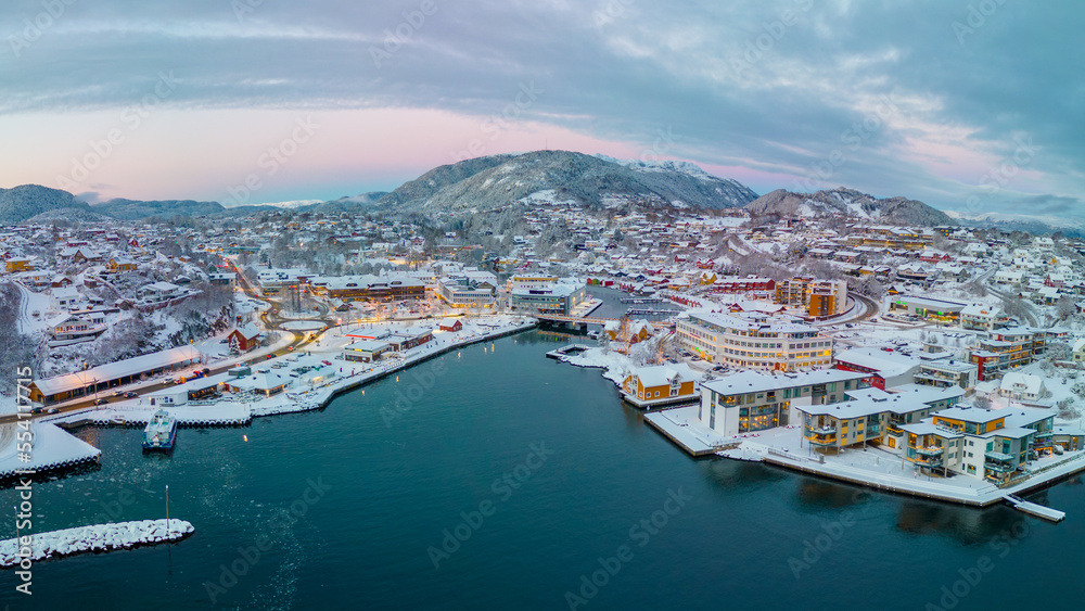custom made wallpaper toronto digitalSunset over the snow covered town center of Osøyro, Bjørnafjorden, Norway