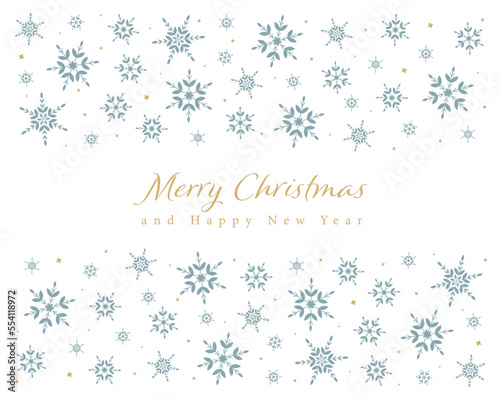 White christmas greeting card with blue snowflakes. Merry Christmas and Happy New Year 
