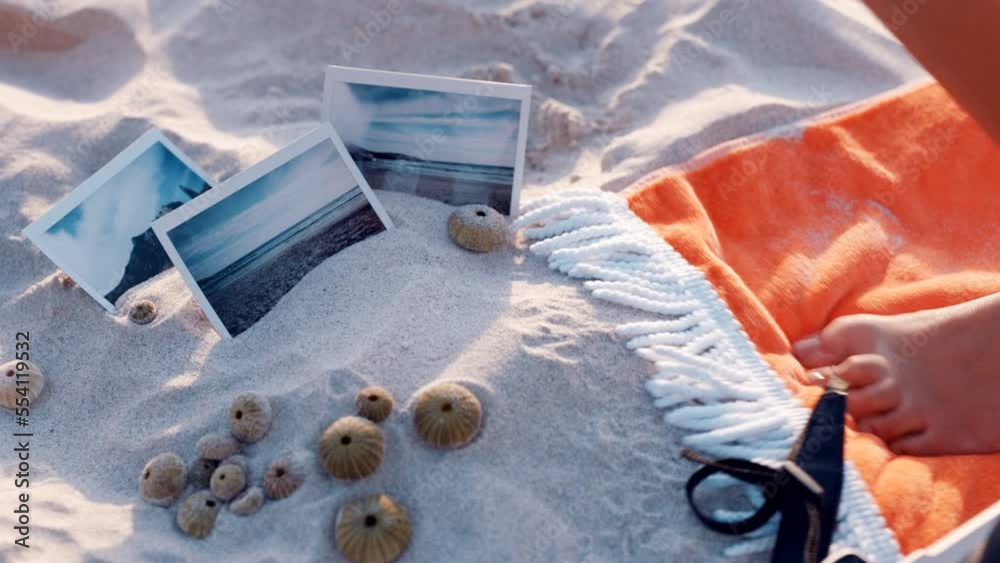 beach-sand-printed-photo-and-woman-on-summer-vacation-holiday-and