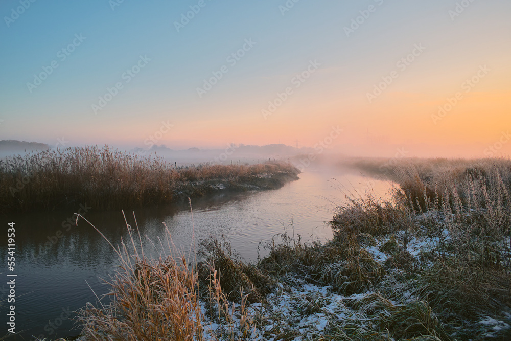 Pinnau River in schleswig-Holstein in winter. High quality photo - obrazy, fototapety, plakaty 
