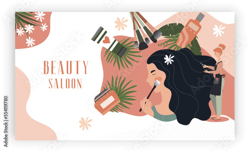 Beauty salon website design, professional woman makeup and hairstyle, vector illustration