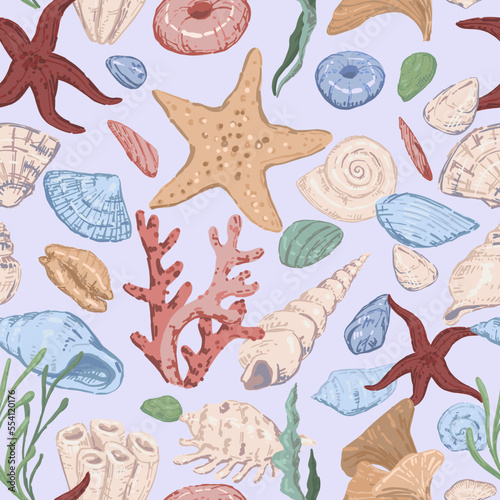 Starfishes, shells, stones, seaweed, coral, sea ornament. Abstract vector seamless pattern of underwater life. Modern style pastel colors design.