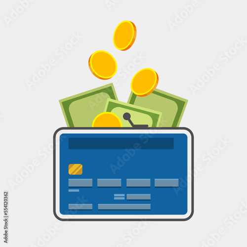 Bank card, outline of purse, gold coins and green banknotes