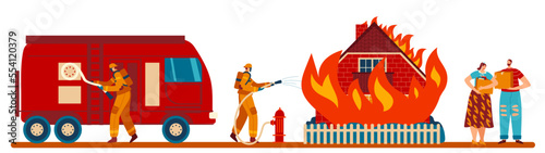 Firefighter extinguish fire in burning house, people accident victims, vector illustration