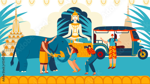Tourists in city Thailand people traditional architecture, sculptures and elephant, caucasian travellers travel entertainment cartoon vector illustration.