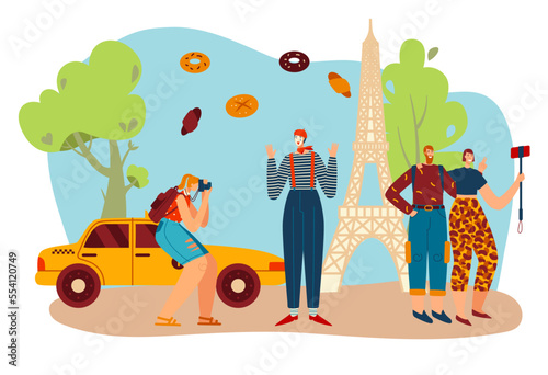 Tourism travel to Paris, frenchman mime with Eifel towel and tourists take photo of France culture symbols and architecture landscape cartoon vector illustration.