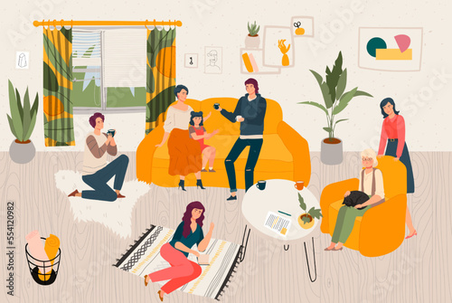 Hygge home big family together, people siiting in scandinavian style room spending time at cosy home flat vector illustration.