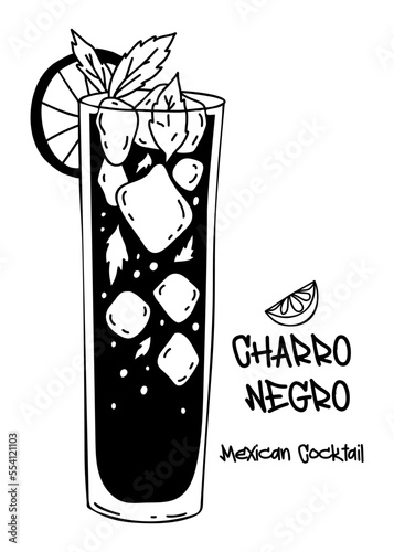 Mexican cocktail Charro Negro. Latin American popular alcoholic drink with tequila, ice cubes and lime pieces. Vector illustration. Hand drawing doodle for menu design and decoration, culinary themes