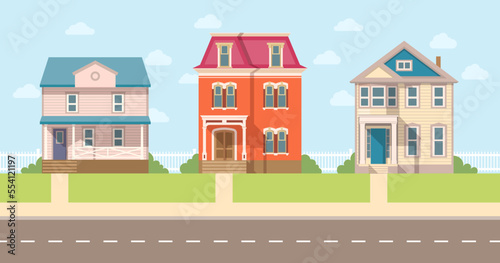 Street with two-storey private houses, prestigious suburban area. Vector illustration