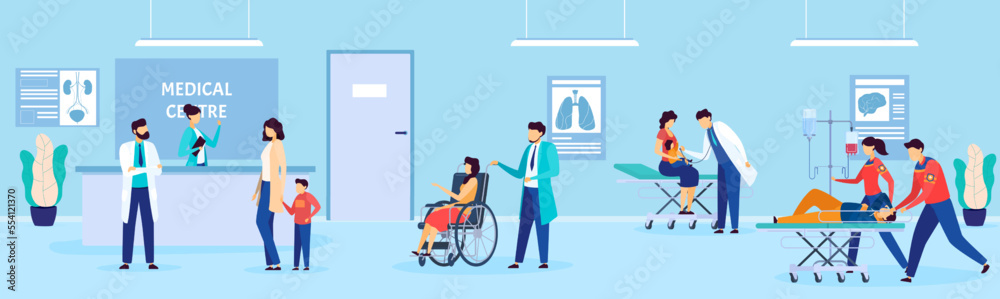 Patients and doctor in hospital, disabled people at medics clinic, healthcare cartoon vector illustration, medical center. Patients and doctor in hospital, disabled people at medics clinic, healthcare cartoon vector illustration, medical center.
