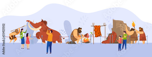 Museum of natural history, primitive people exposition, visitors cartoon characters, vector illustration