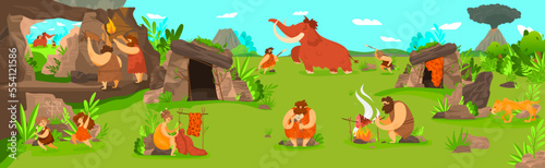 Prehistoric people life in primitive tribe settlement, men hunting mammoth and children playing, vector illustration