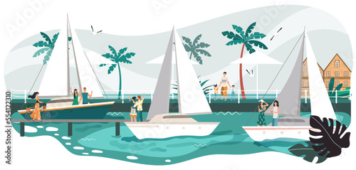Seaside promenade summer landscape, people on yacht in sea, tropical resort and palm trees on beach cartoon vector illustration.
