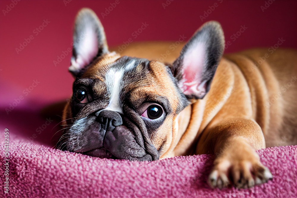 brown french bulldog lies on a pink bed, generative AI