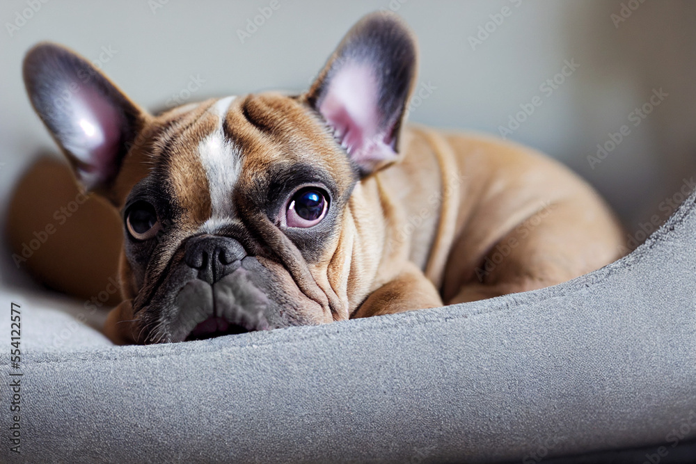 brown french bulldog lies on a gray dog bed, generative AI