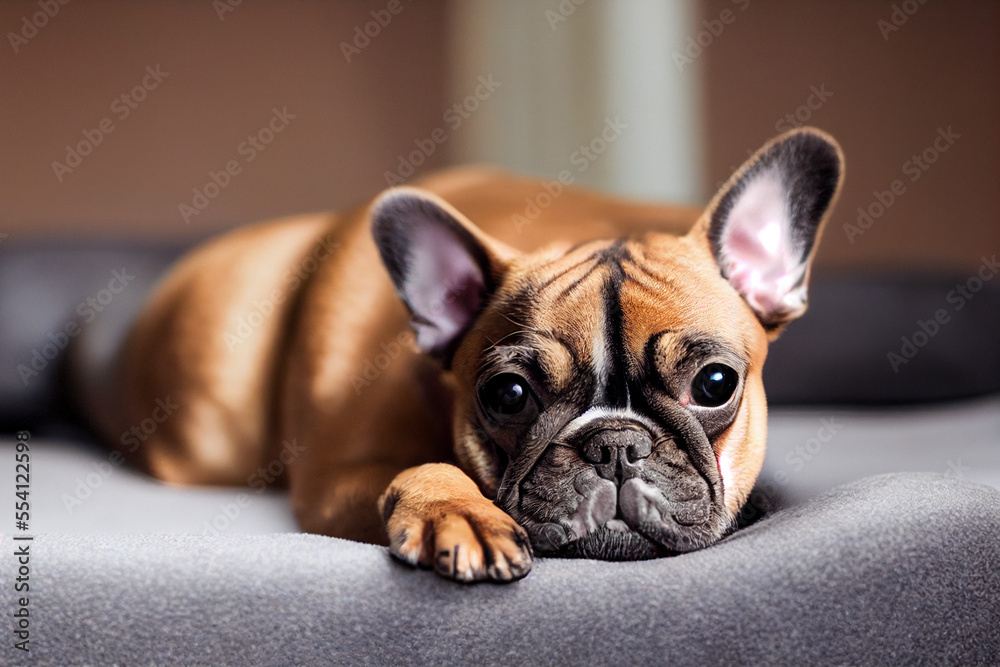 brown french bulldog lies on a gray bed, generative AI