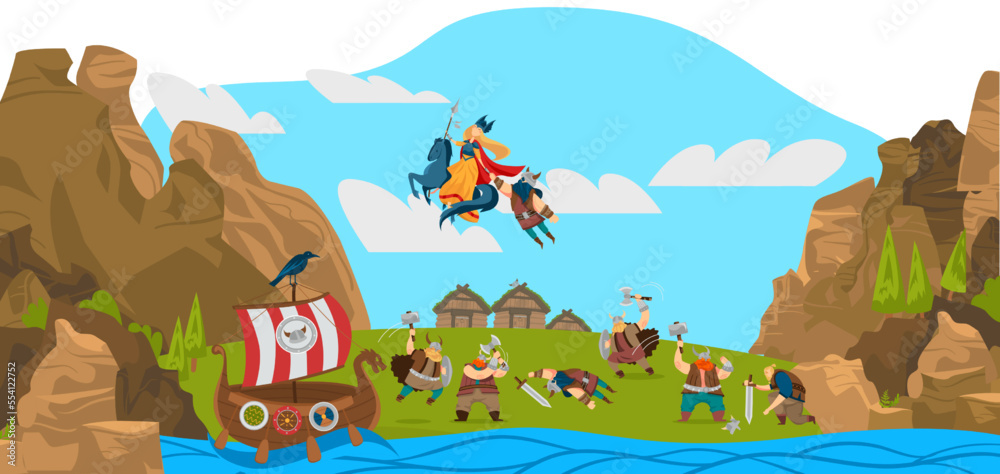 Vikings and scandinavian warriors, gods, landscape funny cartoon vector illustration from Scandinavia history. - obrazy, fototapety, plakaty 