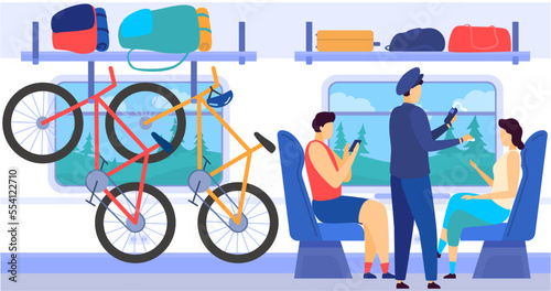 Train metro subway interior with commuting passengers, controllers, bycicles in luggage cell, baggage cartoon vector illustration.