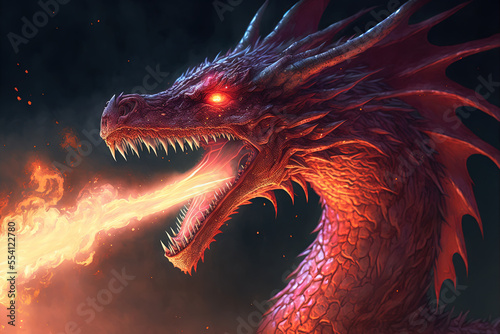 Red dragon breathing fire. Mythology creature. Dark fantasy illustration. Generative AI