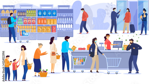 Coronavirus 2019-ncov epidemic china wuhan city epidemic disease vector illustration. Outbreak virus epidemic flu people in mask in city shop market moll. Panic on street. Airport door police