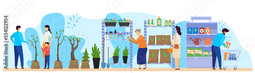 Flower shop customer, people choosing houseplants and gardening products in floral store, vector illustration