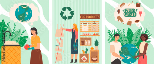 Zero waste lifestyle, people save planet by refusing to buy plastic products, vector illustration